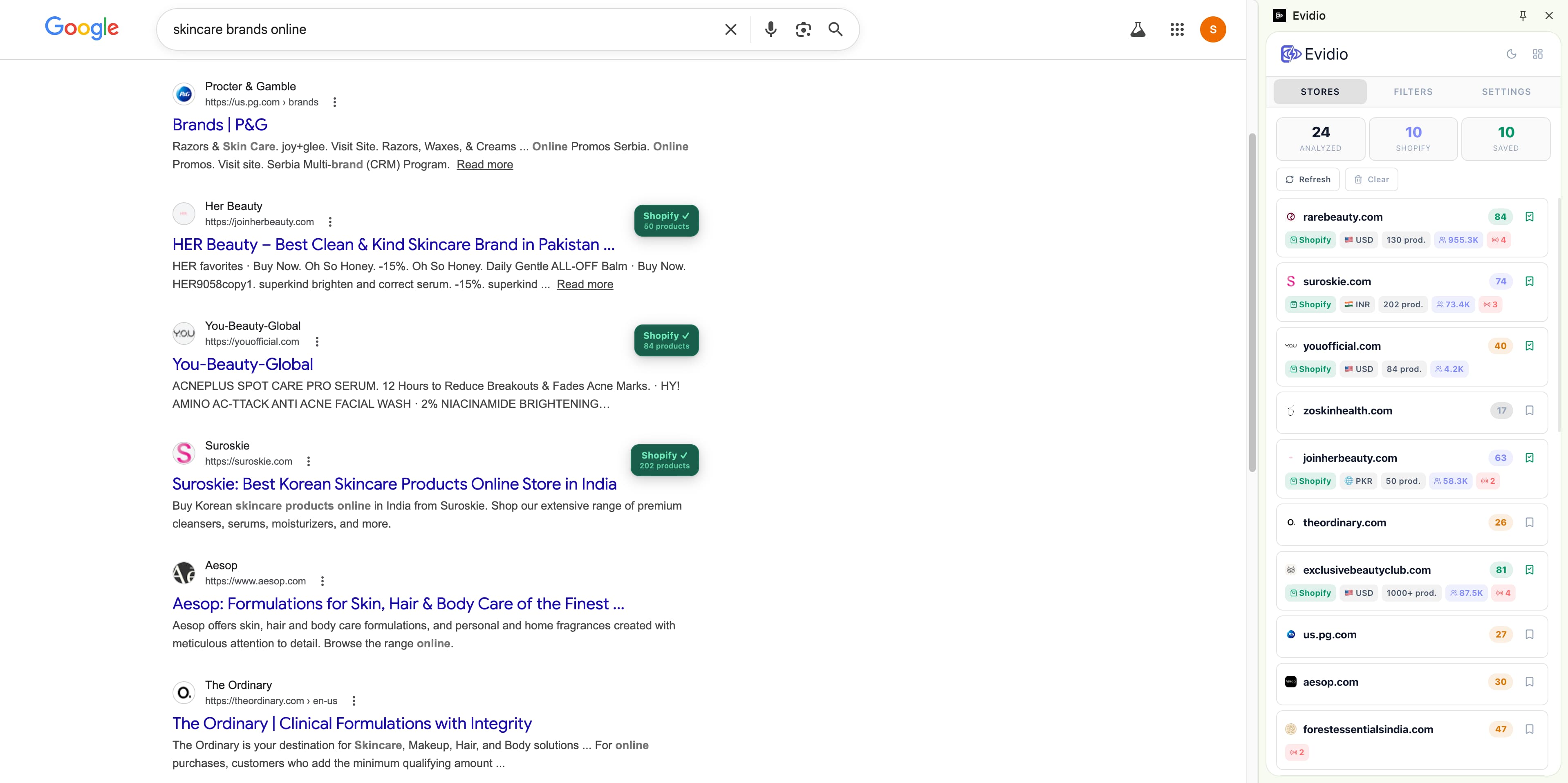 Evidio SERP Radar detecting Shopify stores on Google